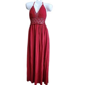 Crochet Halter Top Maxi Dress-Backless-Burgundy-Flowing Skirt-BohoChic-Resort L